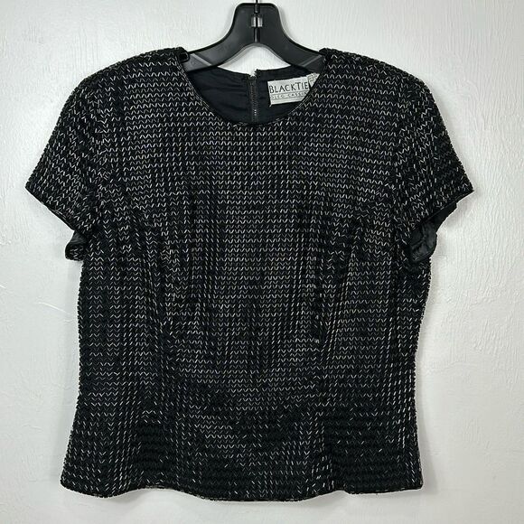 Black Tie Oleg Cassini Vintage Silk Black Beaded Evening Top Blouse Size 12 - Picture 1 of 7